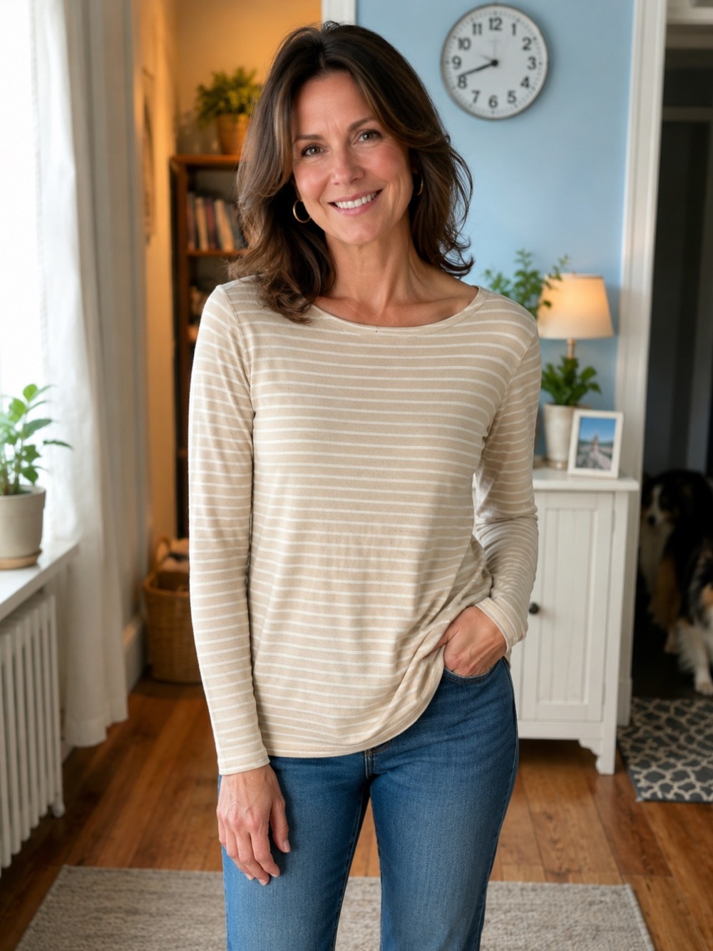 Garnet Hill Organic Pima Cotton Beige and White Striped Long-Sleeve Crewneck